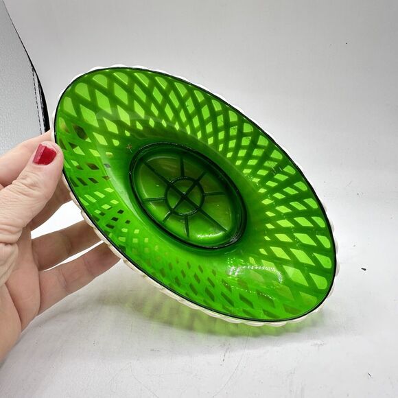 Vintage Regaline Footed Bowl Plastic Latticed Lace Green Insert MCM kitsch Decor - Picture 3 of 7